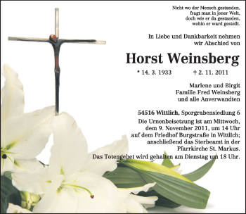 Todesanzeige von Horst Weinsberg von TRIERISCHER VOLKSFREUND