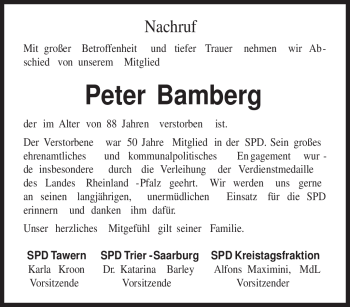 Todesanzeige von Peter Bamberg von TRIERISCHER VOLKSFREUND