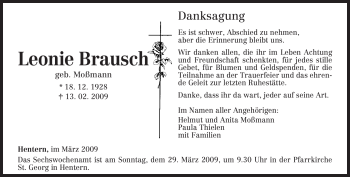 Todesanzeige von Leonie Brausch von TRIERISCHER VOLKSFREUND