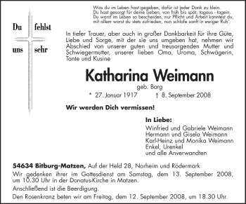 Todesanzeige von Katharina Weimann von TRIERISCHER VOLKSFREUND