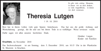 Todesanzeige von Theresia Lutgen von TRIERISCHER VOLKSFREUND