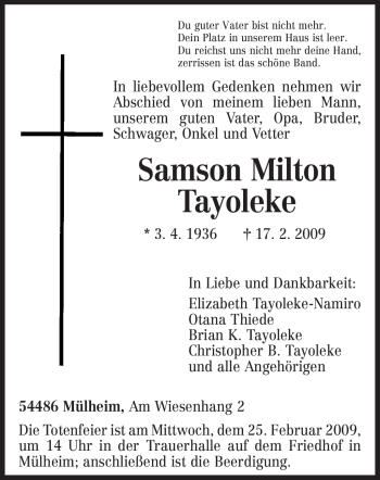 Todesanzeige von Samson Milton Tayoleke von TRIERISCHER VOLKSFREUND