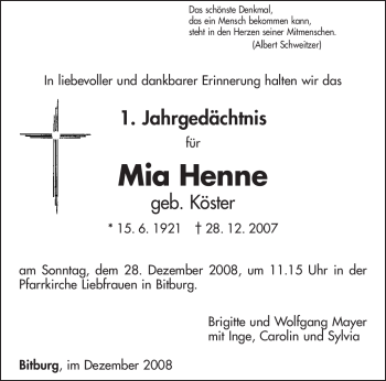 Todesanzeige von Mia Henne von TRIERISCHER VOLKSFREUND