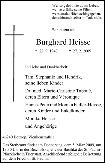 Todesanzeige von Burghard Heisse von TRIERISCHER VOLKSFREUND