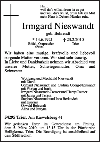 Todesanzeige von Irmgard Nieswandt von TRIERISCHER VOLKSFREUND