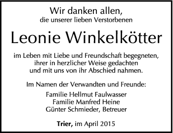 Todesanzeige von Leonie Winkelkötter von trierischer_volksfreund