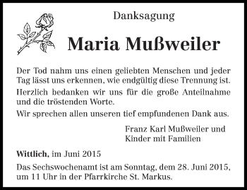 Todesanzeige von Maria Mußweiler von trierischer_volksfreund
