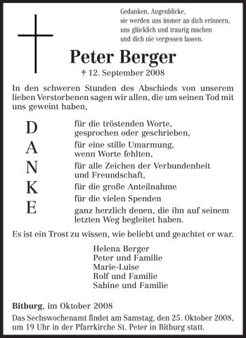 Todesanzeige von Peter Berger von TRIERISCHER VOLKSFREUND