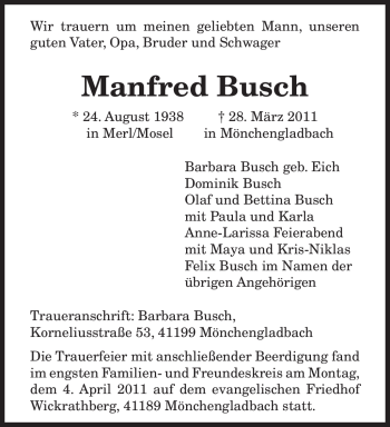Todesanzeige von Manfred Busch von TRIERISCHER VOLKSFREUND