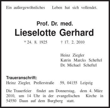 Todesanzeige von Lieselotte Gerhard von TRIERISCHER VOLKSFREUND