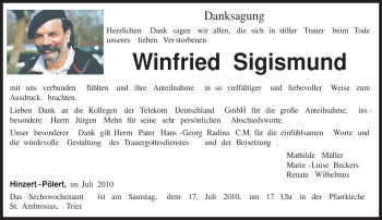 Todesanzeige von Winfried Sigismund von TRIERISCHER VOLKSFREUND