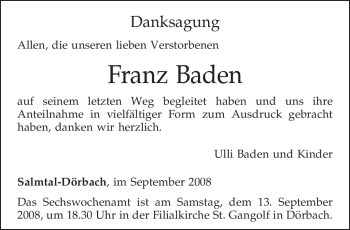 Todesanzeige von Franz Baden von TRIERISCHER VOLKSFREUND