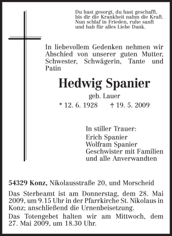 Todesanzeige von Hedwig Spanier von TRIERISCHER VOLKSFREUND