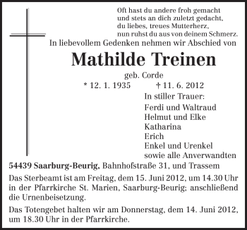 Todesanzeige von Mathilde Treinen von TRIERISCHER VOLKSFREUND
