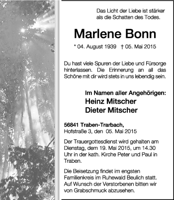 Todesanzeige von Marlene Bonn von trierischer_volksfreund