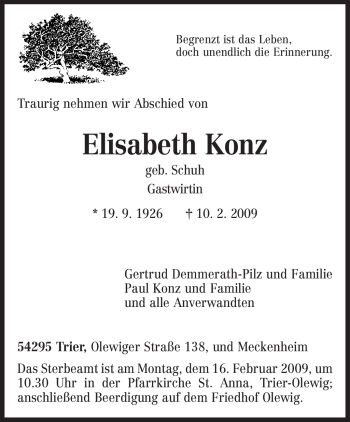 Todesanzeige von Elisabeth Konz von TRIERISCHER VOLKSFREUND