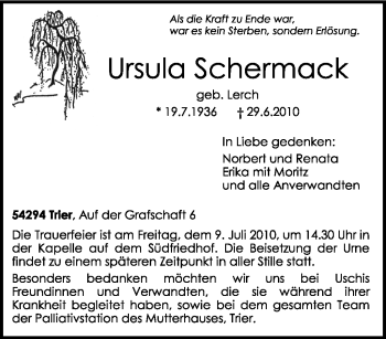 Todesanzeige von Ursula Schermack von TRIERISCHER VOLKSFREUND