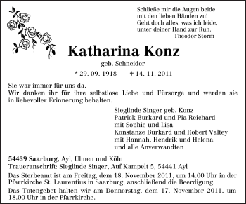 Todesanzeige von Katharina Konz von TRIERISCHER VOLKSFREUND