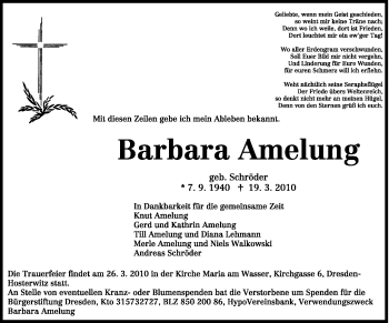 Todesanzeige von Barbara Amelung von TRIERISCHER VOLKSFREUND