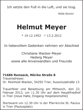 Todesanzeige von Helmut Meyer von TRIERISCHER VOLKSFREUND