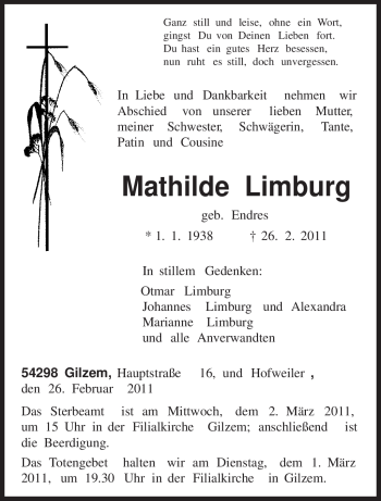 Todesanzeige von Mathilde Limburg von TRIERISCHER VOLKSFREUND