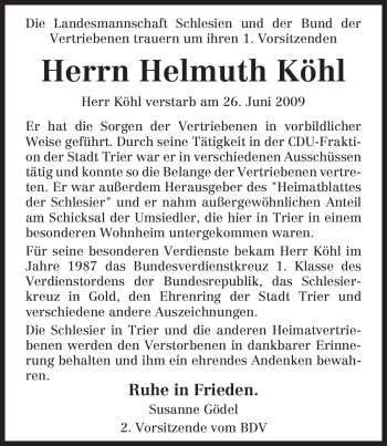 Todesanzeige von Helmuth Köhl von TRIERISCHER VOLKSFREUND