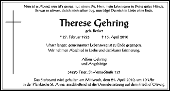 Todesanzeige von Therese Gehring von TRIERISCHER VOLKSFREUND