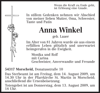 Todesanzeige von Anna Winkel von TRIERISCHER VOLKSFREUND
