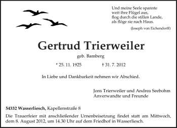 Todesanzeige von Gertrud Trierweiler von TRIERISCHER VOLKSFREUND