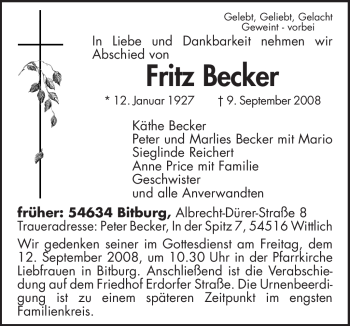 Todesanzeige von Fritz Becker von TRIERISCHER VOLKSFREUND