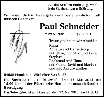 Todesanzeige von Paul Schneider von trierischer_volksfreund