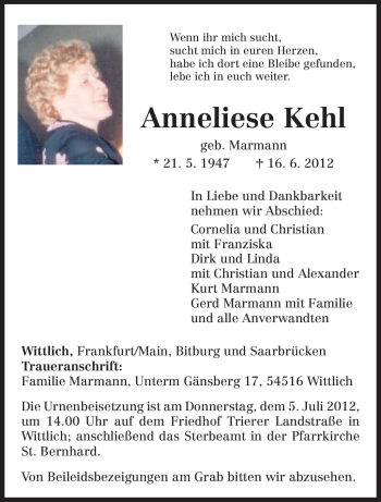 Todesanzeige von Anneliese Kehl von TRIERISCHER VOLKSFREUND