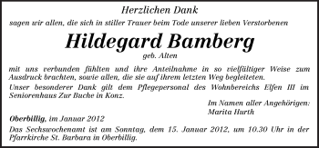 Todesanzeige von Hildegard Bamberg von TRIERISCHER VOLKSFREUND