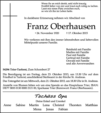 Todesanzeige von Franz Oberhausen von trierischer_volksfreund