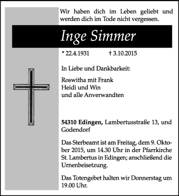Todesanzeige von Inge Simmer von trierischer_volksfreund