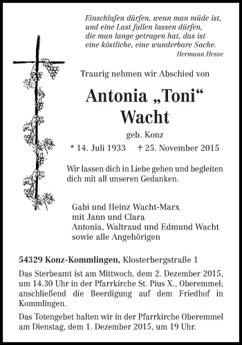 Todesanzeige von Antonia Wacht von trierischer_volksfreund