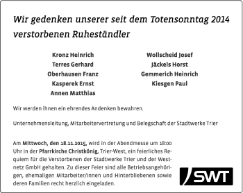 Todesanzeige von Im Gedenken Stadtwerke Trier von trierischer_volksfreund