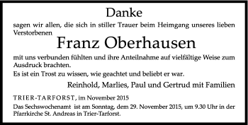 Todesanzeige von Franz Oberhausen von trierischer_volksfreund