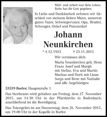 Todesanzeige von Johann Neunkirchen von trierischer_volksfreund