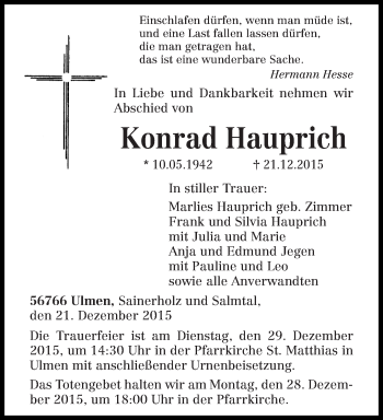 Todesanzeige von Konrad Hauprich von trierischer_volksfreund