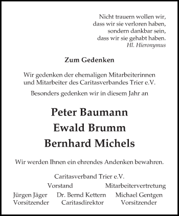 Todesanzeige von Zum Gedenken Caritasverbandes Trier e.V. von trierischer_volksfreund
