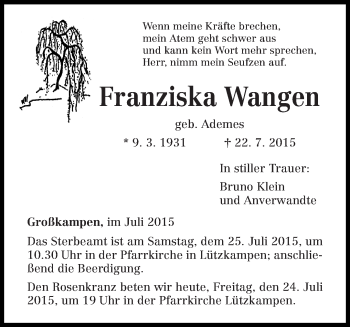 Todesanzeige von Franziska Wangen von trierischer_volksfreund