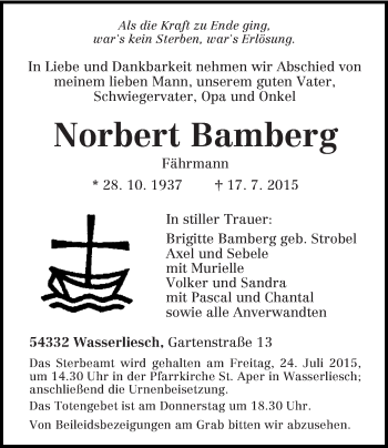 Todesanzeige von Norbert Bamberg von trierischer_volksfreund