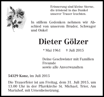 Todesanzeige von Dieter Gölzer von trierischer_volksfreund