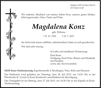 Todesanzeige von Magdalena Konz von trierischer_volksfreund