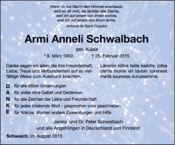 Todesanzeige von Armi Anneli Schwalbach von trierischer_volksfreund
