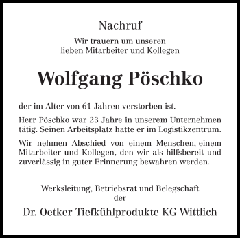 Todesanzeige von Wolfgang Pöschko von trierischer_volksfreund