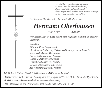 Todesanzeige von Hermann Oberhausen von trierischer_volksfreund