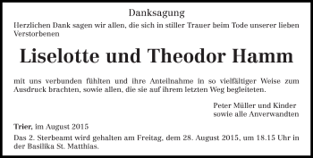 Todesanzeige von Liselotte und Theodor Hamm von trierischer_volksfreund