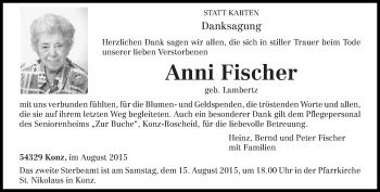 Todesanzeige von Anni Fischer von trierischer_volksfreund